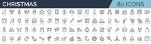 Set Of 80 Outline Icons Related To Christmas. Linear Icon Collection. Editable Stroke. Vector Illustration