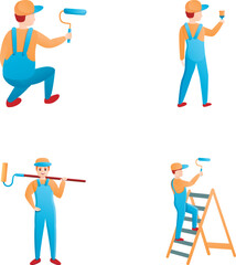 Wall Mural - House painter icons set cartoon vector. Repairman during painting work. Painting service, interior and exterior restoration