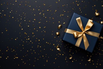 Poster - A blue gift box with a gold bow on a sleek black background. Perfect for birthdays, anniversaries, or any special occasion. Can be used for gift-giving, celebrations, or holiday themes.