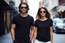 Man And Woman Wearing Blank Black T-shirt