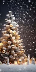 Poster - A beautifully lit up Christmas tree standing in the snow. Perfect for festive decorations and holiday-themed designs.