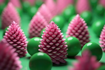 Poster - A beautiful arrangement of pink flowers resting on top of green balls. Perfect for adding a touch of elegance and color to any space.
