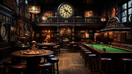 Wall Mural - A classic English pub with dark wood paneling, leather bar stools, and a traditional dartboard