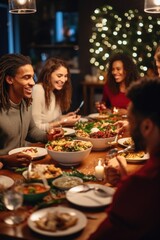 Poster - A picture showing a group of people sitting around a table and enjoying a meal together. This image can be used to depict social gatherings, family dinners, or restaurant scenes.