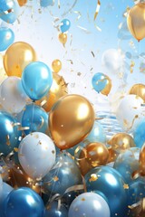 Wall Mural - A vibrant image of a bunch of blue and gold balloons floating in the air. This picture can be used for various celebrations and festive occasions.