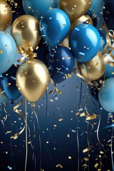 Wall Mural - A vibrant image featuring a bunch of blue and gold balloons with confetti. Perfect for celebrating special occasions or adding a festive touch to any event.