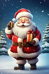 Poster - A cute cartoon Santa Claus holding a gift, surrounded by a snowy forest. Perfect for Christmas and holiday designs.