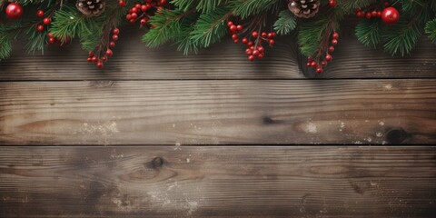 Poster - A wooden table adorned with pine cones and red berries. Perfect for rustic and festive decorations.