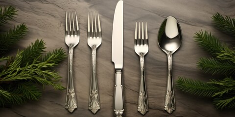 Fototapete - A picture of silverware neatly arranged on a table. This image can be used for showcasing elegant dining settings or for illustrating restaurant menus