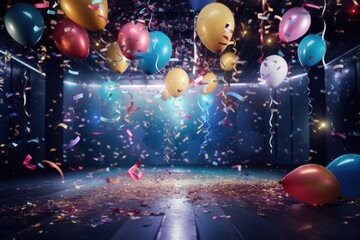 Poster - A vibrant and festive image showcasing a bunch of balloons and confetti scattered in a dark room. Perfect for celebrations and parties
