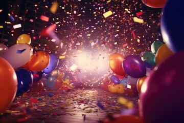 Poster - A vibrant room filled with an abundance of balloons and confetti. Perfect for celebrations and festive occasions.
