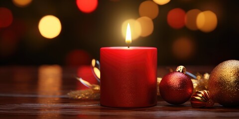 Poster - A red candle sitting on top of a wooden table. This versatile image can be used to create a cozy atmosphere or add a touch of warmth to any setting