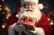 © Fotograf - A man dressed in a Santa suit holding a beautifully wrapped present. This image can be used for Christmas-themed designs and holiday promotions