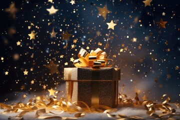Poster - A black gift box with a beautiful gold bow on top. Perfect for any special occasion or holiday gift-giving