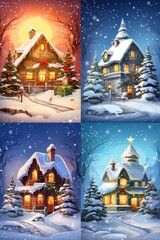 Aufkleber - A collection of four pictures showcasing a picturesque house surrounded by a snowy winter landscape. Ideal for winter-themed designs and holiday promotions