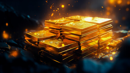 Wall Mural - Stacks of pure gold bar on dark background. Represent business and finance concept idea.