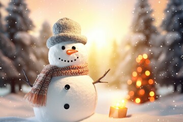 Poster - A cute snowman wearing a hat and scarf stands next to a lit candle. This image can be used to depict winter, Christmas, or holiday themes