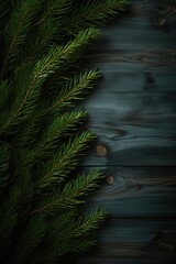 Poster - A close-up view of a pine tree branch resting on a wooden table. This image can be used to enhance nature-themed designs or add a touch of rustic charm to various projects