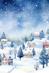 Canvas Print - A beautiful painting depicting a snow covered town with tall trees. Perfect for winter-themed designs or holiday greetings