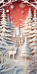 Poster - A paper cutout of a deer set against a snowy forest backdrop. This image can be used for various creative projects and winter-themed designs