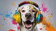 Portrait of a beautiful cheerful dog listening to music with headphones and wearing paint. Creativity and relaxation.