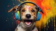 Portrait of a beautiful cheerful dog listening to music with headphones and wearing paint. Creativity and relaxation.