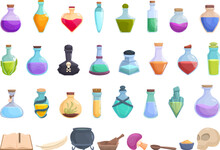 Magic Elixir Icons Set Cartoon Vector. Glass Flask Jar. Poison Game Asset