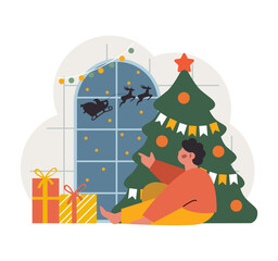 Poster - Christmas and new year celebration. Little boy waiting for Santa Claus. Christmas tree and presents. Santa Claus flying on sleigh with reindeers. Flat vector illustration