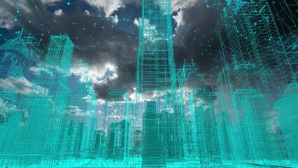 Poster - Futuristic city skyline, artificial intelligence, internet of things, aerial view of future city, holographic city. interweaving of lines and dots, video loop, 4k video, beautiful time lapse