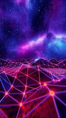 Poster - abstract background of sci fi vj loop animation motion graphics, vertical or portrait video with nebula stars background, land with wireframe and neon light design
