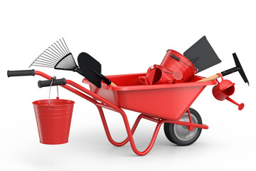 Wall Mural - Garden wheelbarrow with garden tools like shovel, watering can and fork on white