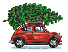 Christmas Red Retro Car With Green Pine Tree. Happy Holidays Vector Illustration
