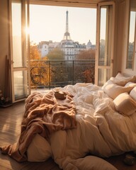 Wall Mural - Cozy Parisian bedroom in the morning illustration generated with Artificial Intelligence 