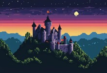 An AI Illustration Of The Castle In A Pixel Style, With Mountains In The Background