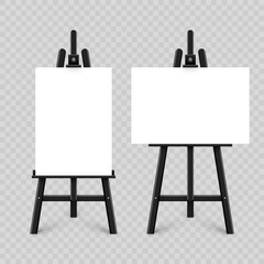 Wall Mural - Realistic paint desk with blank white canvas. Black wooden easel and a sheet of drawing paper. Presentation board on a tripod. Artwork mockup, template. Vector illustration