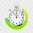 © 32 pixels - Realistic classic stopwatch. Shiny metal chronometer, time counter with dial. Green countdown timer showing minutes and seconds. Time measurement for sport, start and finish. Vector illustration