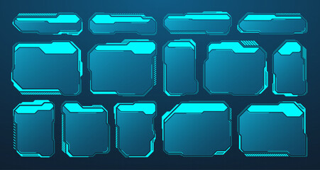 Poster - Blue futuristic HUD or UI elements. Sci-fi user interface text boxes, callouts. Warning message frames, information boxes template. Modern game interface layout in digital style. Vector illustration