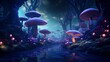 A surreal landscape with giant, glowing mushrooms that light up the night, creating a whimsical and enchanting atmosphere.