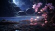 A surreal night scene featuring the Obsidian Orchid under the shimmering stars and a silvery moon.