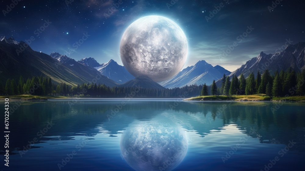 Moonlit lake with a floating, glowing orb emitting pale blue light ...