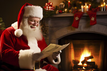 Generative AI Illustration Of Santa Claus In His Traditional Red Attire Sits By A Cozy Fireplace, Reading A List, With Christmas Decorations, Lit Candles, And Wrapped Gifts Adorning The Mantle Above