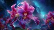 A vibrant bouquet of Celestial Cattleya orchids held against the backdrop of a brilliant, multicolored nebula in space.