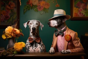 Poster - two dogs wearing hats and suits sitting at a table. generative ai.