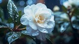 Fototapeta Kwiaty - A Celestial Camellia in the midst of a summer rain, with water droplets adorning its petals like glistening diamonds.