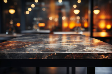 Poster - Black stone table top and blurred bokeh office interior space background. AI generative