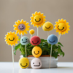 Wall Mural - Crochet sunflowers with smiley faces, AI