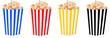 Set of popcorn in multi-colored boxes on isolate and white background close-up