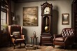 A meticulous depiction of a Canvas Frame for a mockup in an old styled family room, where an heirloom grandfather clock ticks softly beside a leather-clad reading nook