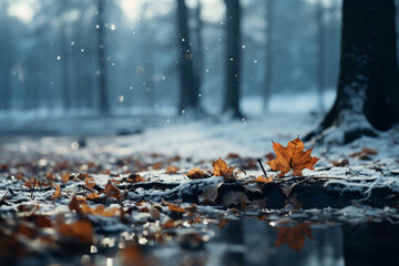 Snowfall softening the faded leaves scattered across a forest floor. AI generative