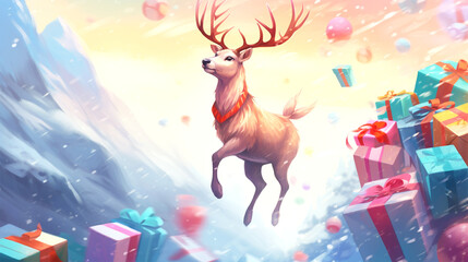 Wall Mural - reindeer delivering gifts